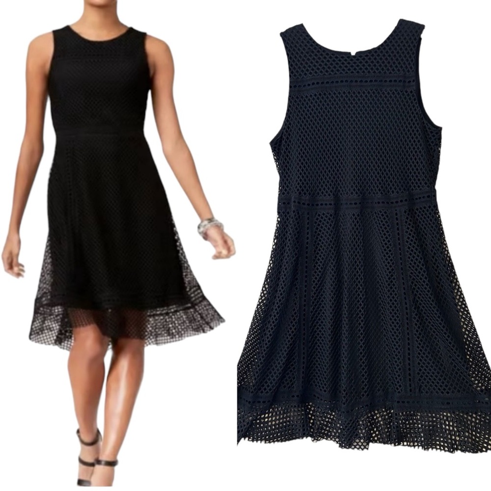 Alfani Dress‎ 4P Black Stretch Net Overlay Exposed Zipper A-Line Flattering